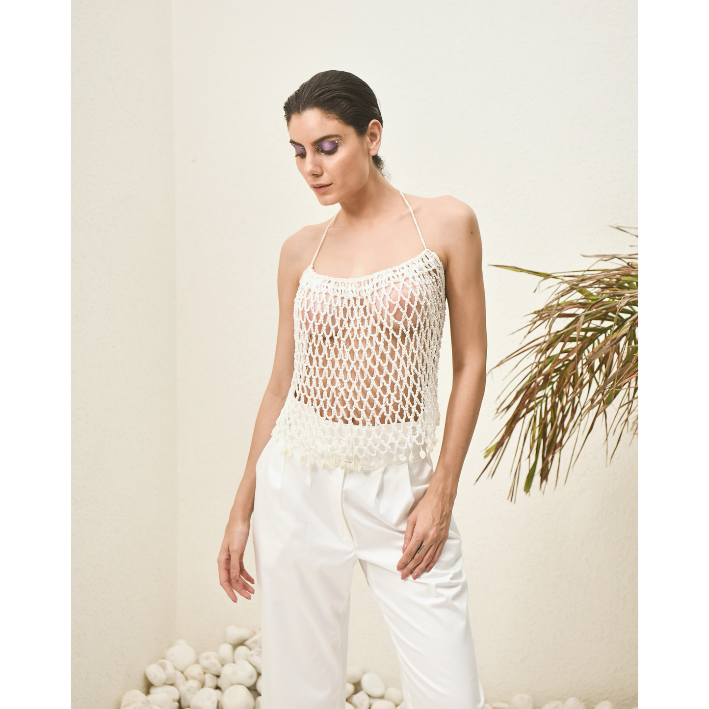 VIVIANA CROCHET MESH HALTER TOP